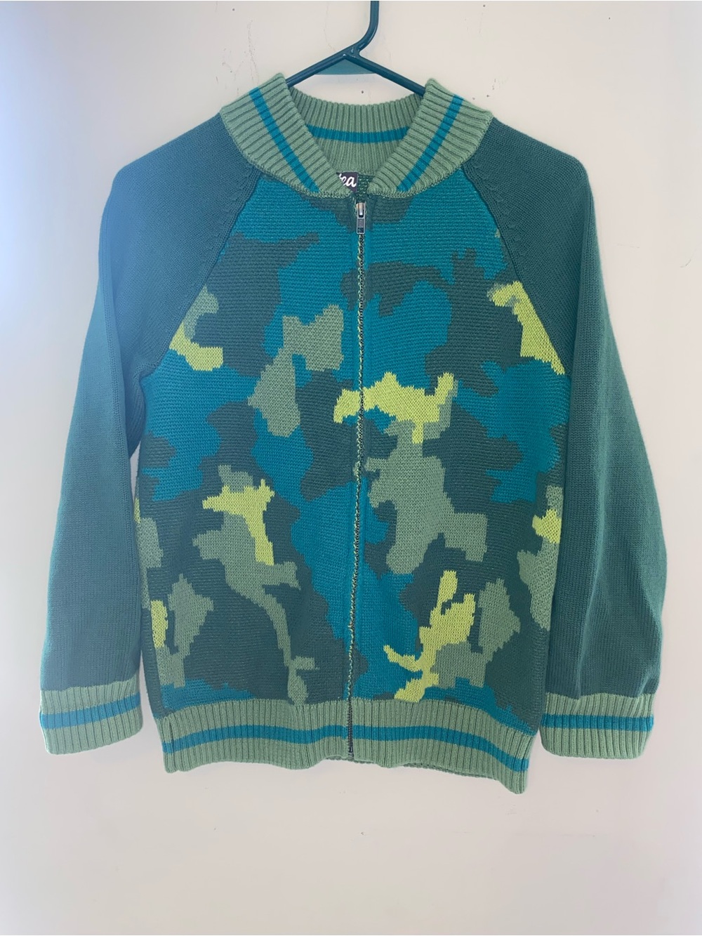 Tea Collection Green & Teal Camo Knit Zip Cardigan